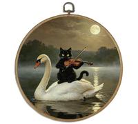 DELORIGIN Stampa artistica da parete rotonda con gatto nero e violino con | Tela con cornice in legno da 25,4 cm, con ganci in metallo, decorazione per la casa, per soggiorno, camera da letto, bagno