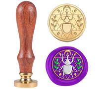 DELORIGIN Timbro con sigillo di cera 3D, con coleottero magico, in rilievo, rimovibile, 25 mm, in ottone, con manico in legno, per inviti di nozze, buste e regali