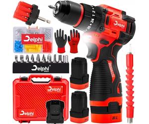 Delphi Avvitatore a batteria da 16,8 V, senza spazzole con 2 batterie da 1500 mAh e luce di lavoro a LED, coppia di 50 Nm, 24 livelli di coppia, set di punte, per legno, metallo, cemento, per fai da