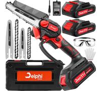 Delphi Mini motosega con batteria da 3000 mAh, senza spazzole (2 x 21 V 1500 mAh), motosega senza fili, piccola motosega a mano per tagliare alberi e arbusti, blocco di sicurezza, sega professionale