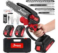 Delphi Mini motosega con batteria per potatura, 15,2 e 10,2 cm, 800 W, 21 V, 2 batterie, ideale per tagliare rami, legno, pallet e piccoli alberi