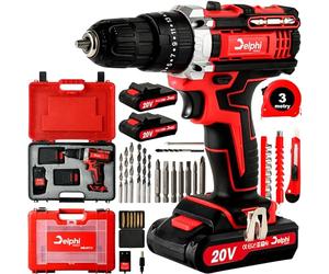 DELPHI Set di avvitatore a batteria da 20 V, 2 batterie da 1,5 Ah, 50 Nm, 2 marce, 25 livelli di coppia, luce LED, 34 accessori per trapano a batteria, set con valigetta per progetti fai da te