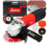 Delphi Tools - Smerigliatrice angolare 1500 W, 125 mm, controllo della velocità, valigia, dischi da taglio e accessori, Soft Start