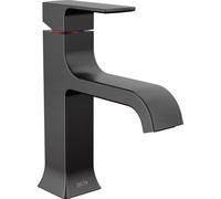 Delta Faucet Rubinetto da bagno a foro singolo con beccuccio curvo Velum, rubinetto per lavabo da bagno nero, rubinetto da bagno a maniglia singola, rubinetto da bagno, gruppo di scarico pop-up, nero