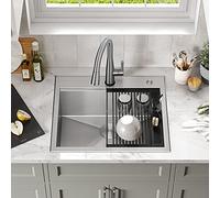 DELTA Rivet 95A931-25S-SS - Lavello da cucina da 63,5 cm, montaggio superiore, 16 gauge, in acciaio inox, con sporgenza workflow e kit da chef di 5 accessori