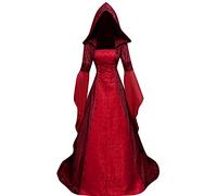 Deluxe, costume da strega da donna, stile vintage, ricamato, stile vittoriano, stile vittoriano, gotico, con cappuccio, per cosplay (rosso, XXL)