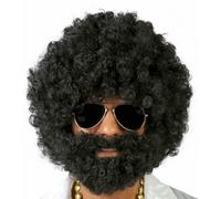 Deluxe Nero da Uomo Ricci Parrucca Afro E Barba 70's Hippy Disco Costume