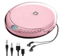 Deluxe Products Lettore CD portatile con 60 secondi anti skip, auricolari stereo, include cavo AUX in e cavo di alimentazione USB CA per uso domestico o in auto, rosa