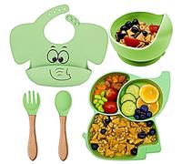 Delven Set Di 5 Piatti Per Bambini, In Silicone, Con Ventosa, Cucchiaino E Forchetta, Bavaglino, Senza Bpa, Set Di Stoviglie Per Bambini Per Bambini, Ragazzi, Ragazze, Verde Elefante