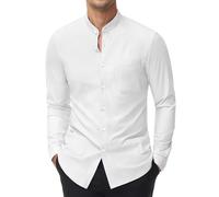 DEMEANOR Camicia da uomo senza colletto a maniche lunghe, vestibilità aderente, non si sgualcisce, colletto alto, Tutto bianco, M