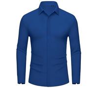 DEMEANOR Camicia Elasticizzata da Uomo a Maniche Lunghe, da Lavoro, Slim Fit, Senza Stiratura, per il Tempo Libero, alla Moda, Blu Reale, S