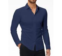 DEMEANOR Camicia elasticizzata da uomo a maniche lunghe, slim fit, business, senza stiratura, da uomo, per il tempo libero, blu navy, S