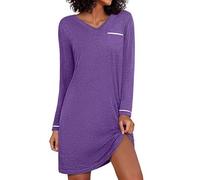 Demegimi Camicia da Notte Donna in Cotone Lunga con Maniche Lunghe e Scollo a V Nightdress al Ginocchio per Autunno Inverno