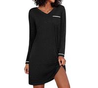 Demegimi Camicia da Notte Donna in Cotone Lunga con Maniche Lunghe e Scollo a V Nightdress al Ginocchio per Autunno Inverno