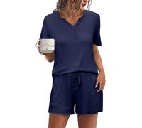 Demegimi Pigiama da Donna Cotone Estivo Corti Set Pigiama con Bottoni Donna Pigiami con Scollo a V Casual da Casa Morbido e Confortevole