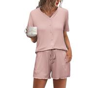 Demegimi Pigiama da Donna Cotone Estivo Corti Set Pigiama con Bottoni Donna Pigiami con Scollo a V Casual da Casa Morbido e Confortevole