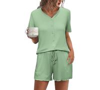 Demegimi Pigiama da Donna Cotone Estivo Corti Set Pigiama con Bottoni Donna Pigiami con Scollo a V Casual da Casa Morbido e Confortevole