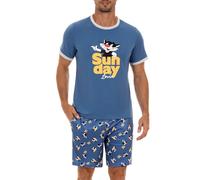 Demegimi Pigiama da Uomo Cotone Pigiama Estivo Corto Set Pigiama Uomo Maniche Corte in Cotone Modello Carino Stampa Pigiami Due Pezzi da Uomo Casual(Blu,M)