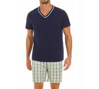 Demegimi Pigiama da Uomo Cotone Pigiama Estivo Corto Set Pigiama Uomo Maniche Corte in Cotone Scollo a V Pigiami Due Pezzi da Uomo Casual(Blu Navy+Verde,XXL)