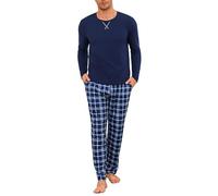 Demegimi Pigiama Uomo Cotone Lungo Pigiama da Uomo a Quadri Maglia Girocollo Maniche Lunghe Pigiama Invernale Due Pezzi Caldo con Tasche