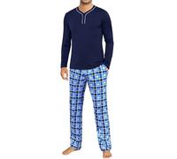 Demegimi Pigiama Uomo Cotone Lungo Pigiama da Uomo a Quadri Maglia Girocollo Maniche Lunghe Pigiama Invernale Due Pezzi Caldo con Tasche