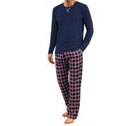 Demegimi Pigiama Uomo Cotone Lungo Pigiama da Uomo a Quadri Maglia Girocollo Maniche Lunghe Pigiama Invernale Due Pezzi Caldo con Tasche