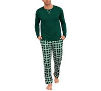 Demegimi Pigiama Uomo Cotone Lungo Pigiama da Uomo a Quadri Maglia Girocollo Maniche Lunghe Pigiama Invernale Due Pezzi Caldo con Tasche