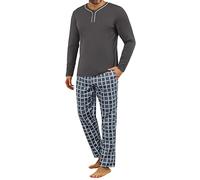 Demegimi Pigiama Uomo Cotone Lungo Pigiama da Uomo a Quadri Maglia Girocollo Maniche Lunghe Pigiama Invernale Due Pezzi Caldo con Tasche