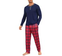 Demegimi Pigiama Uomo Cotone Lungo Pigiama da Uomo a Quadri Maglia Girocollo Maniche Lunghe Pigiama Invernale Due Pezzi Caldo con Tasche