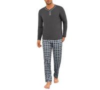 Demegimi Pigiama Uomo Cotone Lungo Pigiama da Uomo a Quadri Maglia Girocollo Maniche Lunghe Pigiama Invernale Due Pezzi Caldo con Tasche