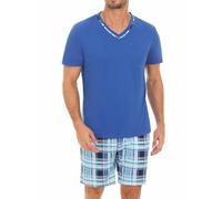 Demegimi Pigiama Uomo Estivo Cotone Corto Leggero Pigiama da Uomo a Quadri Pigiami Due Pezzi da Uomo a Maniche Corte con Scollo a V e Pantaloncini(Blu Navy+Blu Chiaro,L)