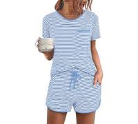 Demegimi Pigiami Estivi Donna Corti Set Pigiami Due Pezzi da Donna Pigiama in Cotone da Donna a Righe con Tasche e Coulisse Regalo da Donna S-XXL