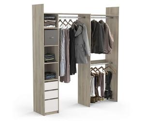 Demeyere Kit Spogliatoio Allungabile ad Angolo Aperto e Modulare 3 Cassetti 3 Barre per Armadio, Colore Rovere e Bianco, 199.7 x 43.9 x 218.3 cm