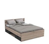 Demeyere Michigan Letto per Adulti con Contenitore,Stile Industriale, Pannello truciolato 15 e 18 mm, Rovere Spazzolato/Nero Opaco, 140 x 190 cm