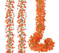 DEMIUKO 2 ghirlande di fiori artificiali autunnali, 1,5 m, fiori finti mattutini autunnali con foglie di eucalipto, resistenti ai raggi UV, decorazione floreale arancione per casa, giardino