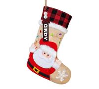 DEMIUKO Set di calze natalizie, 3 pezzi, 46 cm, grandi calze a maglia con tartan rosso in legno, targhette con nome, applicazioni 3D, Babbo Natale, renna, pinguino, per camino, regali (Santa)