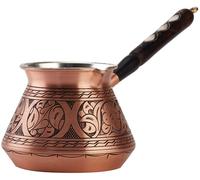 DEMMEX Caffettiera turca araba greca in rame più spesso, caffettiera Cezve Ibrik Briki con manico e cucchiaio in legno, incisione a mano (rame opaco, 425 g)