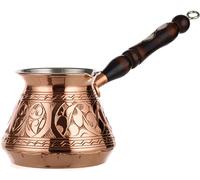 DEMMEX Caffettiera turca araba greca in rame più spesso, caffettiera Cezve Ibrik Briki, con manico e cucchiaio in legno, incisione a mano (rame, 425 g)