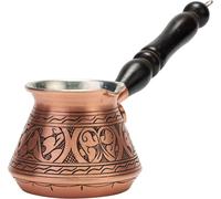 DEMMEX Caffettiera turca, greca araba, 2 mm di spessore, in rame, con incisione Cezve Ibrik Briki, con manico e cucchiaio in legno, per 3 persone (rame opaco)