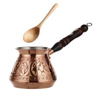 DEMMEX Cezve Turca in Rame Massiccio, Ibrik Arabo Greco, Pentolino per Caffè Stovetop con Manico in Legno e Cucchiaino, Fatto a Mano in Turchia, 270 ml (Inciso)