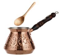 DEMMEX Cezve Turca in Rame Massiccio, Ibrik Arabo Greco, Pentolino per Caffè Stovetop con Manico in Legno e Cucchiaino, Fatto a Mano in Turchia, 450ml (Inciso)