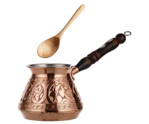 DEMMEX Cezve Turca in Rame Massiccio, Ibrik Arabo Greco, Pentolino per Caffè Stovetop con Manico in Legno e Cucchiaino, Fatto a Mano in Turchia, 270 ml (Inciso)