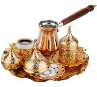 DEMMEX Set completo per preparare e servire il caffè turco greco arabo con tazze, piattini, coperchi, zuccheriera e caffettiera in rame, decorato a mano con cristalli dorati, 12 pezzi (oro)