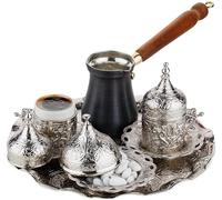 DEMMEX Set completo per preparare e servire il caffè turco greco arabo con tazze, piattini, coperchi, zuccheriera e caffettiera in rame, decorato a mano con cristalli dorati, 12 pezzi (argento)