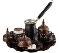 DEMMEX Set completo per preparare e servire il caffè turco, greco e arabo, con tazze, piattini, coperchi, zuccheriera, vassoio e caffettiera in rame, decorato a mano con cristalli dorati, 12 pezzi