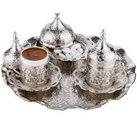 DEMMEX Set da portata per caffè greco arabo turco 2024 con tazze, piattini, portabicchieri, coperchi, zuccheriera, coperchio e vassoio, 11 pezzi (argento), medio