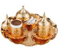 DEMMEX Set da portata per caffè turco greco arabo 2024 con tazze, piattini, portabicchieri, coperchi, zuccheriera, coperchio e vassoio, 11 pezzi (oro), medio