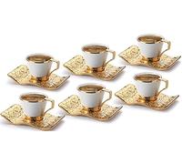 DEMMEX Set di tazze da caffè e caffè espresso turco, greco, arabo, bosniaco, per 6-18 pezzi, tazze in porcellana (80 ml) con supporti e piattini in metallo dorato, elegante ottomano chic, bianco e oro