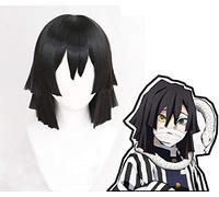 Demon Slayer: Kimetsu no Yaiba Iguro Obanai Parrucca cosplay Parrucche sintetiche nere resistenti al calore Parrucche + Cappellino parrucca