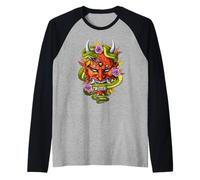 Demone Giapponese Maschera Oni Samurai Guerriero Arte Antico Maglia con Maniche Raglan